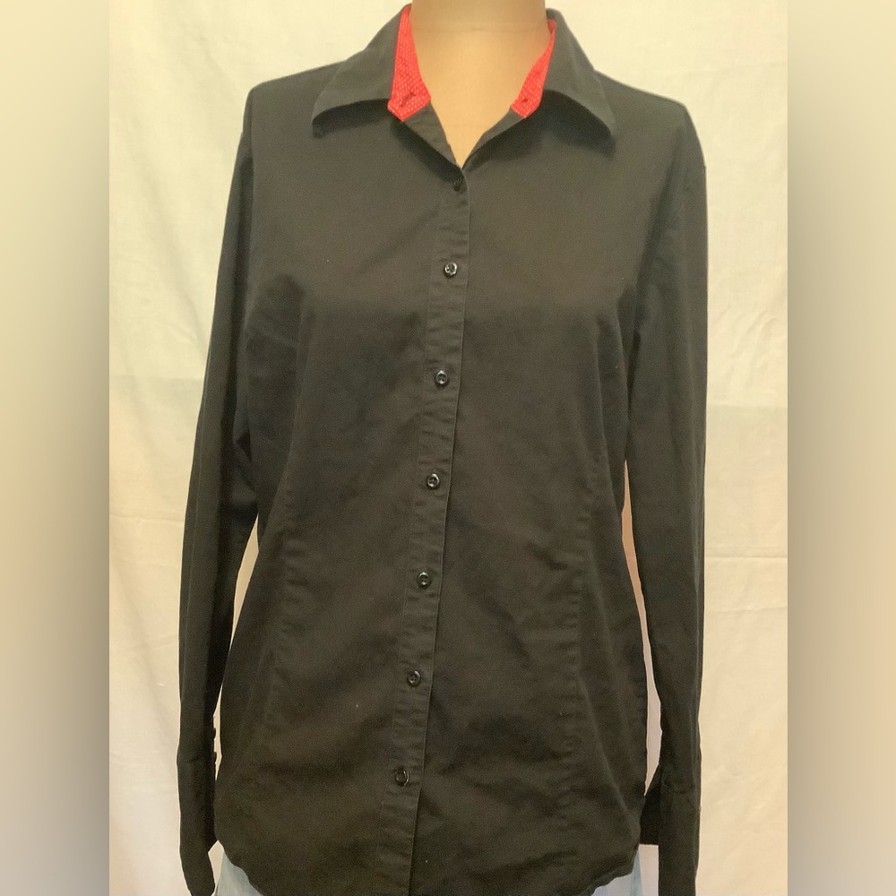 Women's Large Black Button-Up Shirt with Red Polka Dot Collar Accent
